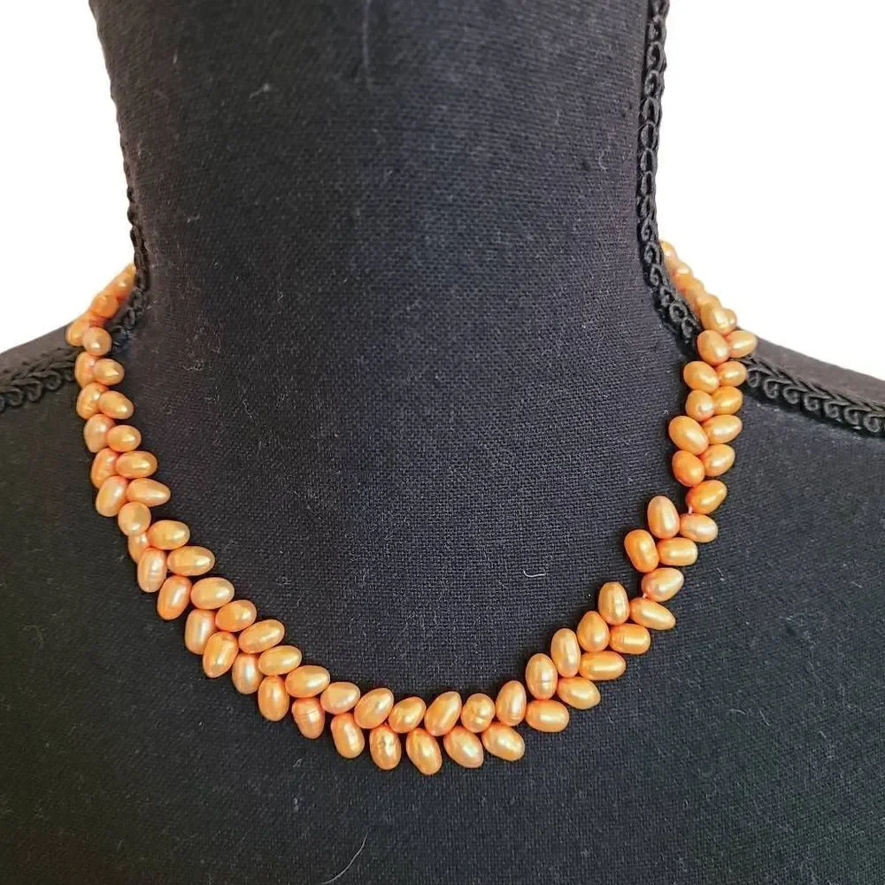 Womens Soft Golden Orange Gold Leaf Closure Double Layer Seed Pearl Necklace